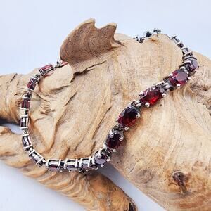 Vintage Sterling Garnet Tennis Bracelet Genuine Red Gemstones